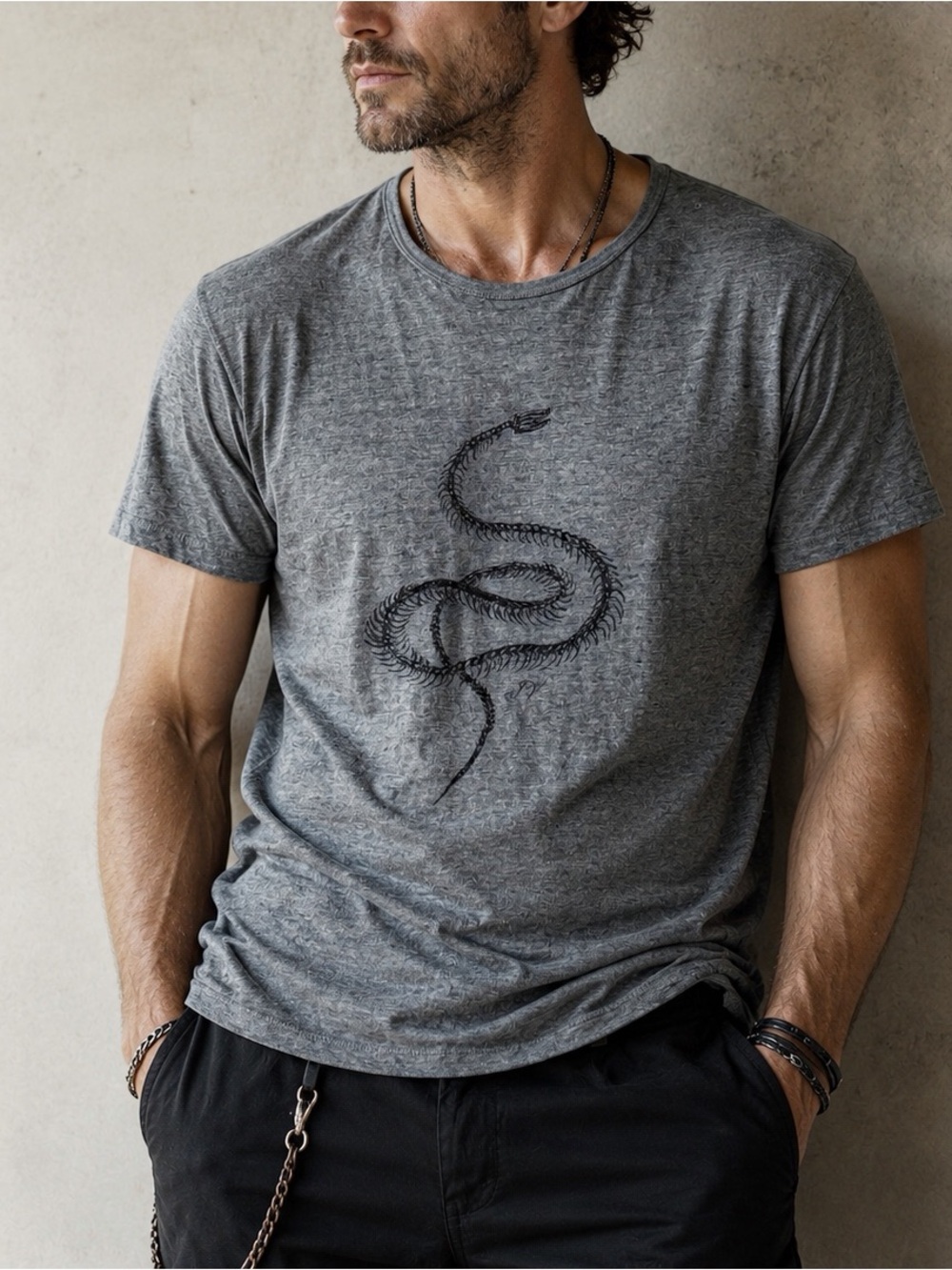 John Varvatos Men Gray Pure Linen Skeleton Snake Print T-Shirt XL Grunge Luxury